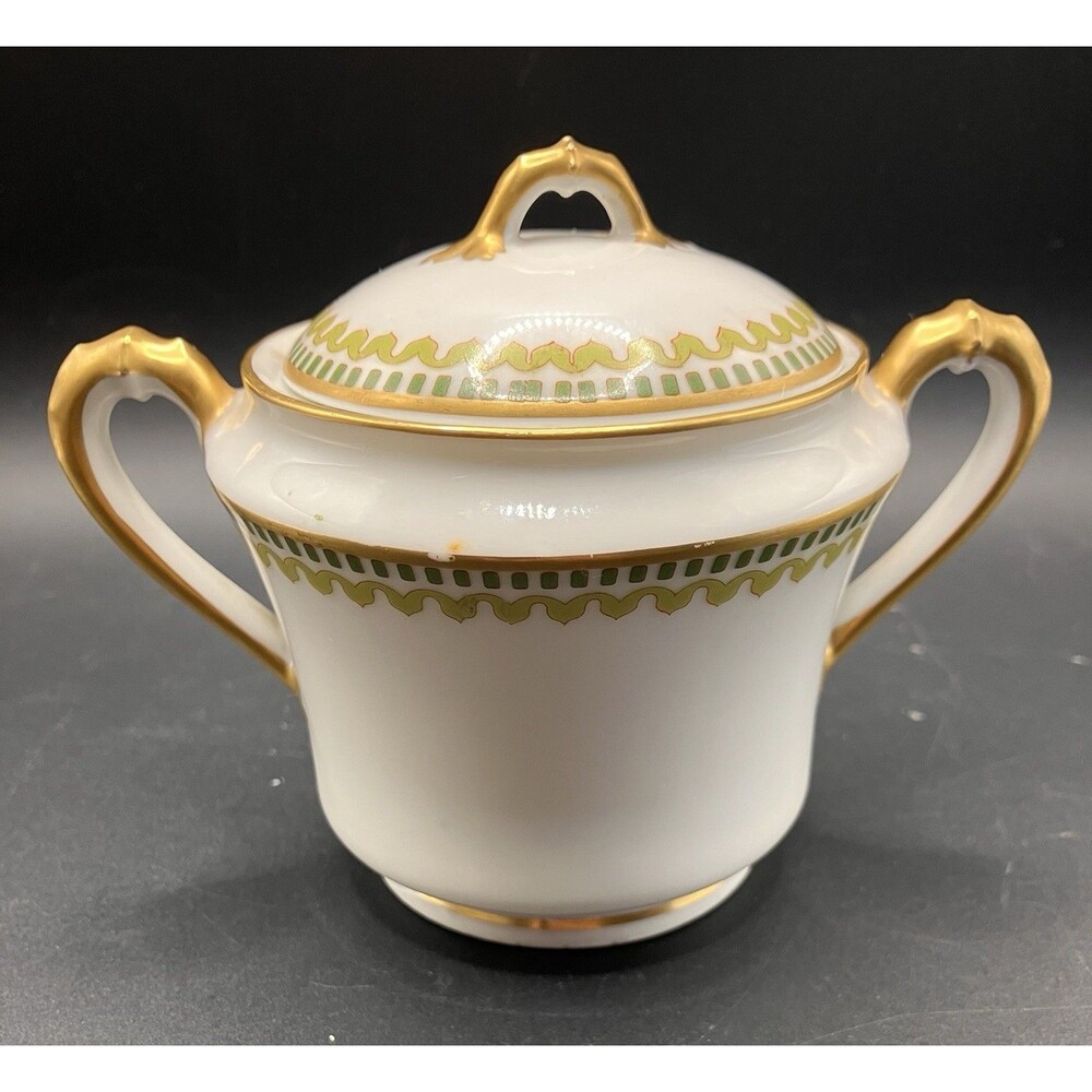 Antique Haviland Limoges Porcelain Lidded Sugar Bowl Green Gold Trim 30434